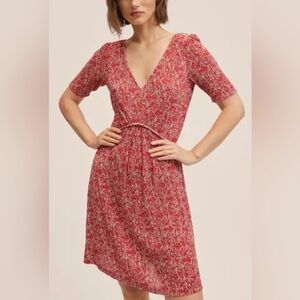 MNG Floral printed Red V-Neck pleated Dress